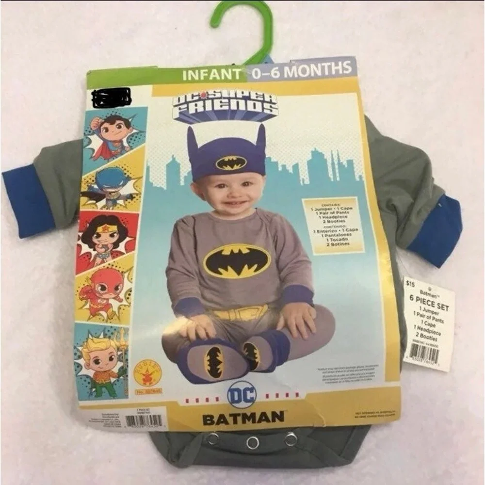 DC Super Friends Batman Costume Infant 0-6M Gray New 6 Piece Set 8876452